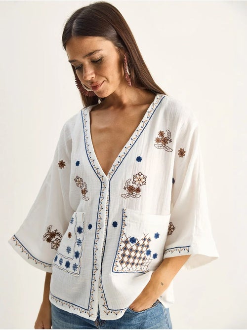 Camicia in crepe di cotone ricamato con scollo a v lucci - Kiabi Camicia in crepe di cotone ricamato con scollo a v lucci - Kiabi