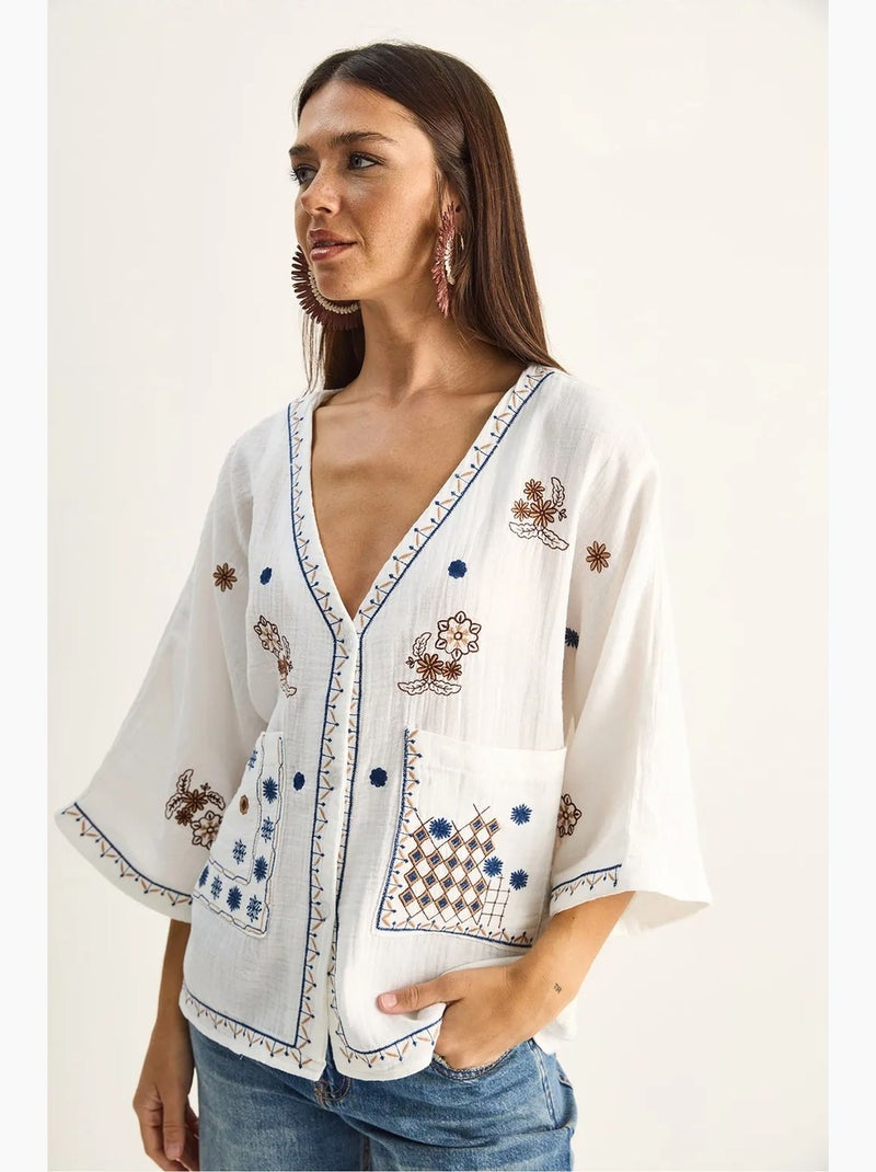 Camicia in crepe di cotone ricamato con scollo a v lucci Bianco - Kiabi