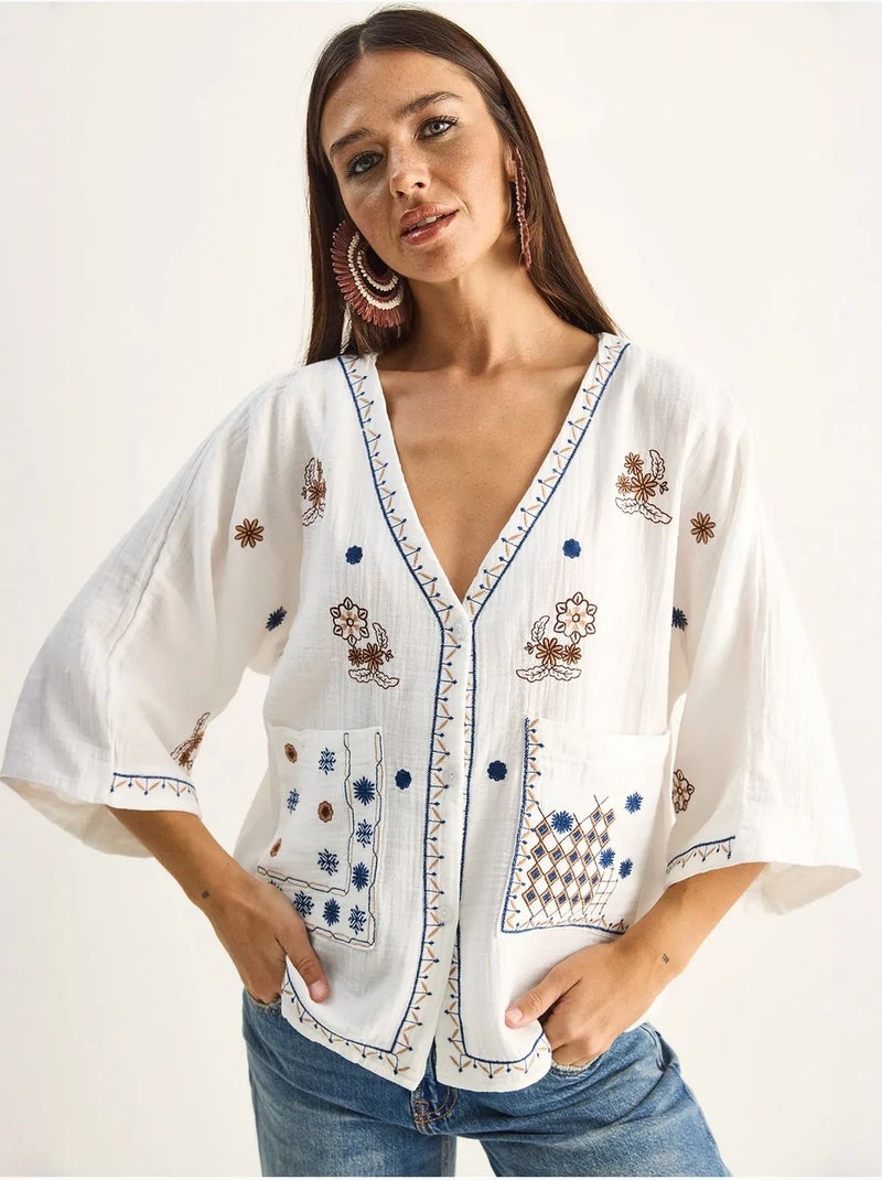 Camicia in crepe di cotone ricamato con scollo a v lucci Bianco - Kiabi