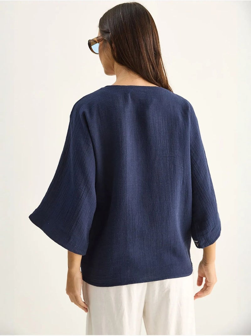 Camicia in crepe di cotone ricamato con scollo a v lucci Blu marino - Kiabi