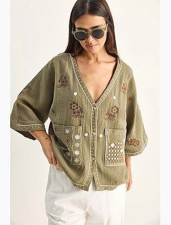 Camicia in crepe di cotone ricamato con scollo a v lucci