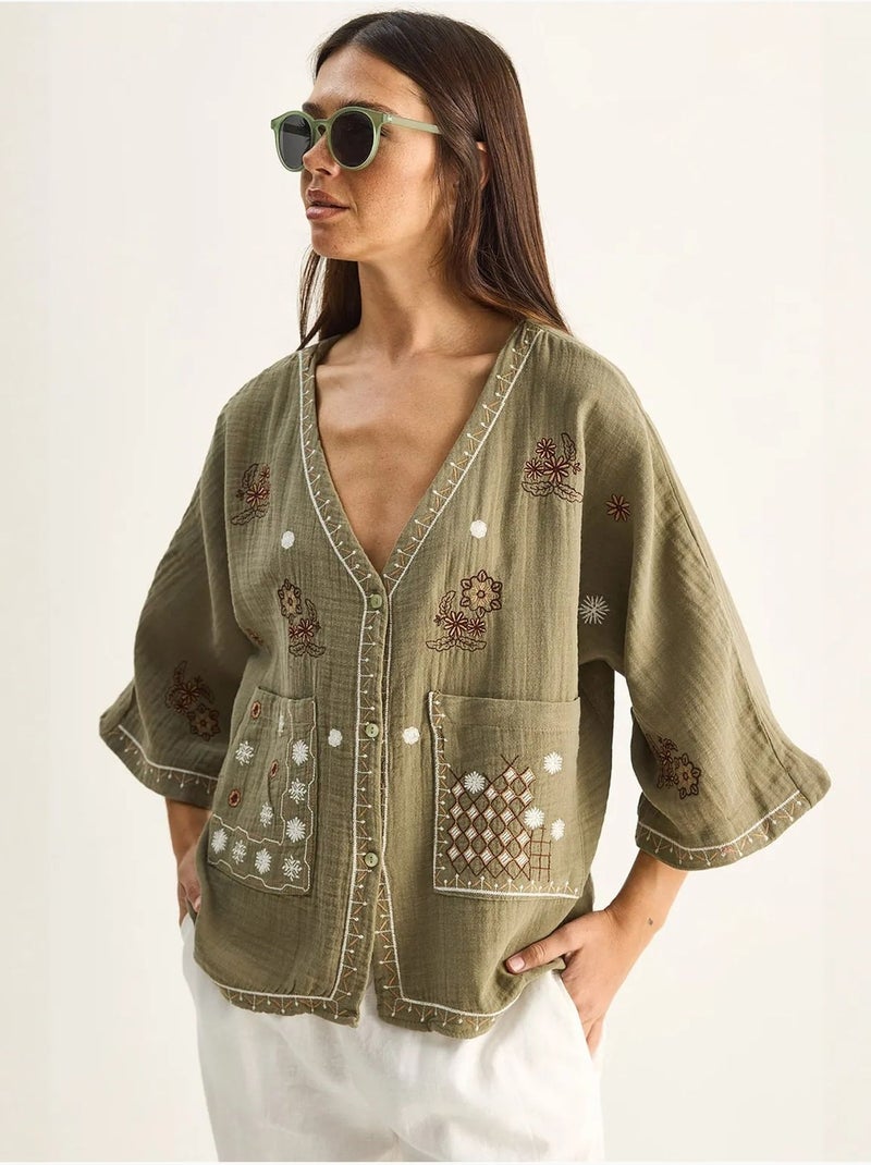 Camicia in crepe di cotone ricamato con scollo a v lucci Cachi - Kiabi