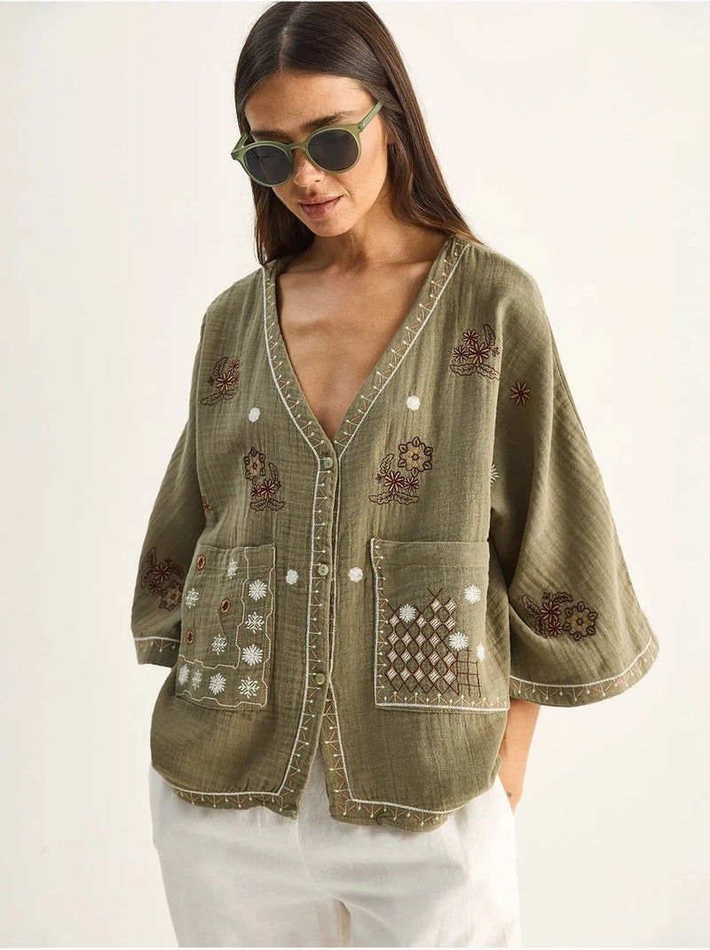 Camicia in crepe di cotone ricamato con scollo a v lucci Cachi - Kiabi