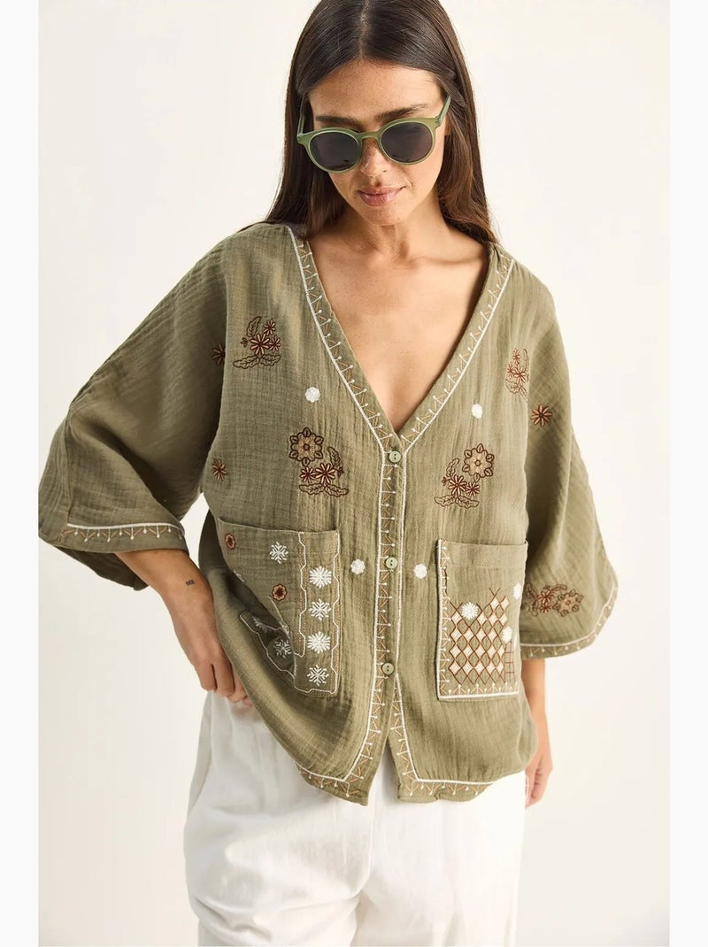 Camicia in crepe di cotone ricamato con scollo a v lucci Cachi - Kiabi
