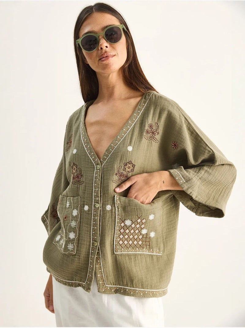 Camicia in crepe di cotone ricamato con scollo a v lucci Cachi - Kiabi