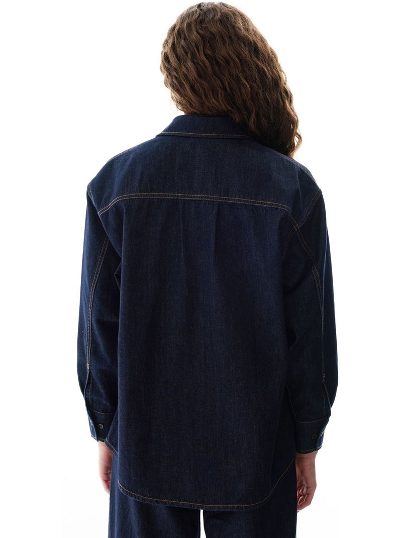 Camicia in denim con colletto polo, bottoni e maniche lunghe penti Blu oltremare - Kiabi