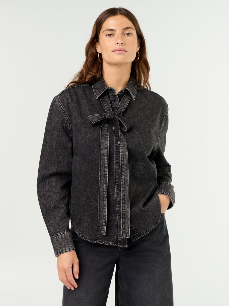 Camicia in denim con collo lavallière Nero - Kiabi