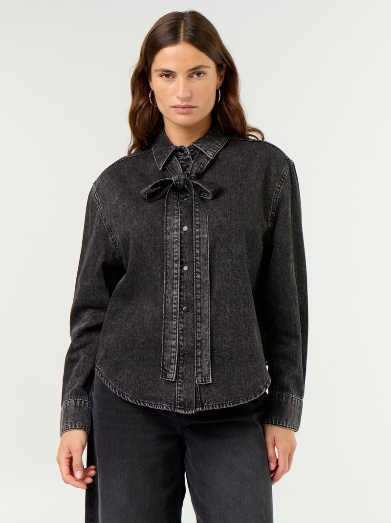 Camicia in denim con collo lavallière Nero - Kiabi