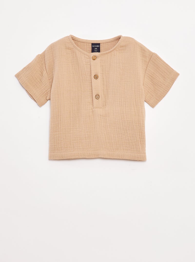 Camicia in garza di cotone a maniche corte Beige - Kiabi