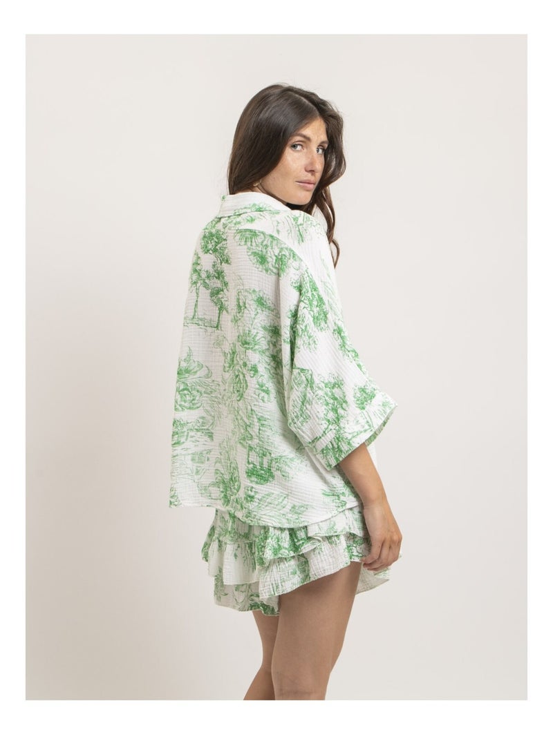 Camicia in garza di cotone con motivi toile de jouy OLEA Verde - Kiabi