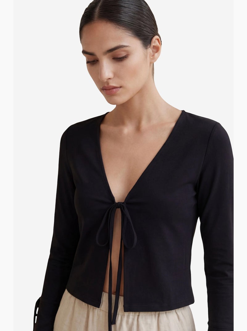 Camicia in lino con scollo a v e dettaglio a fiocco, modello crop top, di my fashion Nero - Kiabi