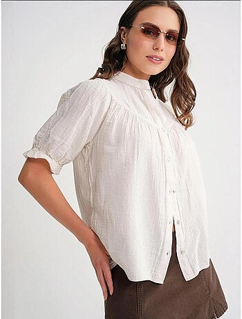 Camicia in misto lino a maniche corte con bottoni mixray