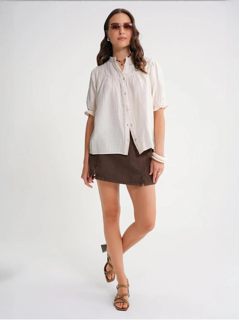 Camicia in misto lino a maniche corte con bottoni mixray Beige - Kiabi