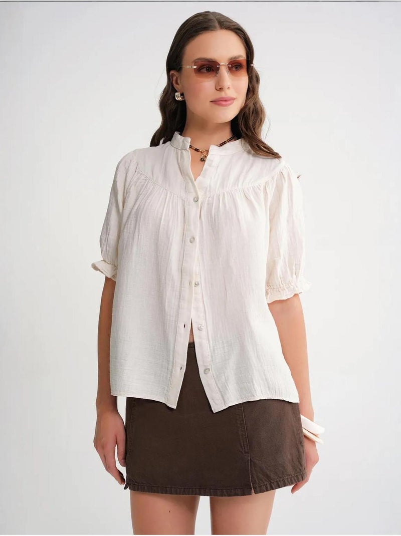 Camicia in misto lino a maniche corte con bottoni mixray Beige - Kiabi