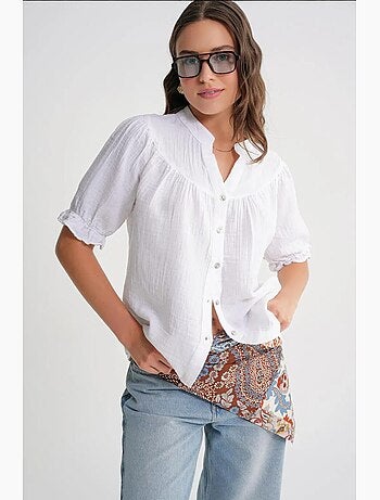 Camicia in misto lino a maniche corte con bottoni mixray