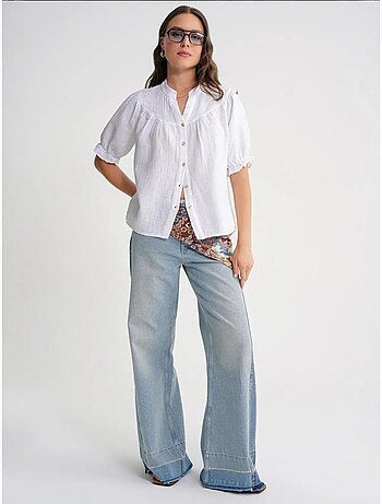 Camicia in misto lino a maniche corte con bottoni mixray