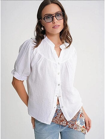 Camicia in misto lino a maniche corte con bottoni mixray