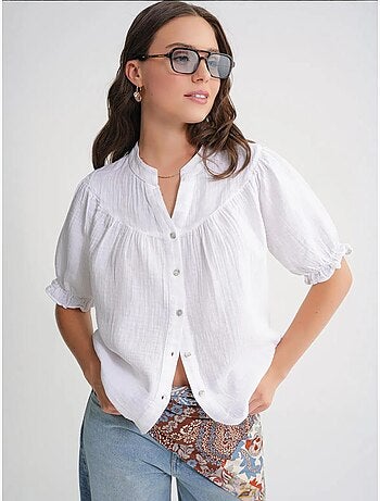 Camicia in misto lino a maniche corte con bottoni mixray