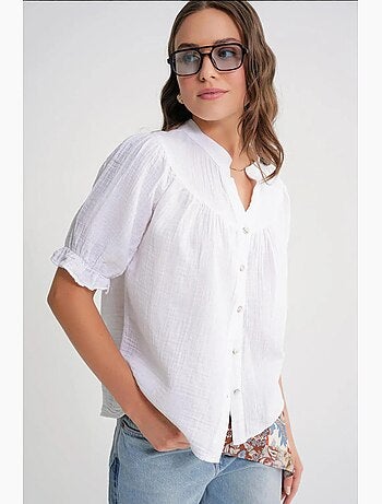 Camicia in misto lino a maniche corte con bottoni mixray