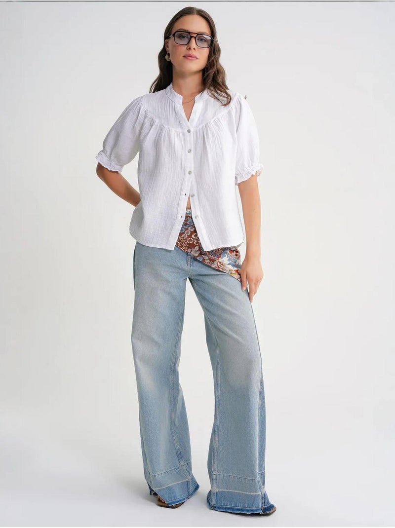 Camicia in misto lino a maniche corte con bottoni mixray Bianco - Kiabi