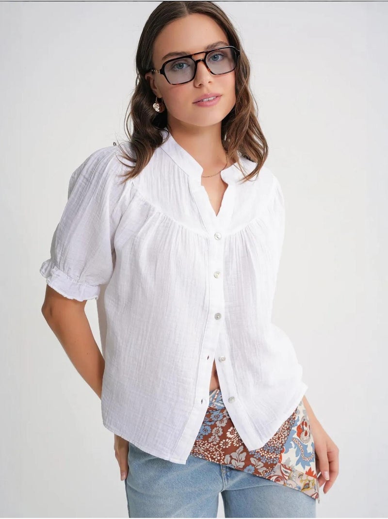 Camicia in misto lino a maniche corte con bottoni mixray Bianco - Kiabi
