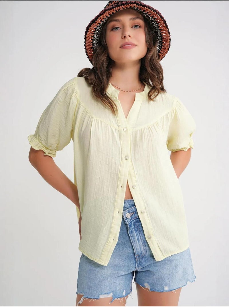 Camicia in misto lino a maniche corte con bottoni mixray Giallo - Kiabi