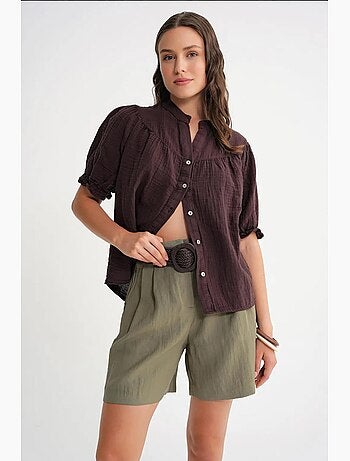 Camicia in misto lino a maniche corte con bottoni mixray