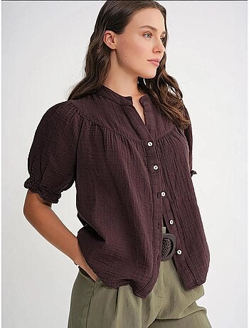Camicia in misto lino a maniche corte con bottoni mixray