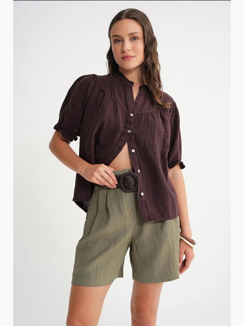 Camicia in misto lino a maniche corte con bottoni mixray Marrone scuro - Kiabi