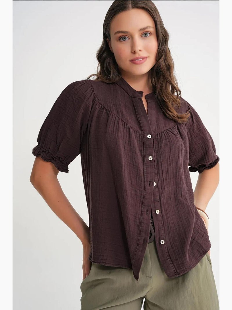 Camicia in misto lino a maniche corte con bottoni mixray Marrone scuro - Kiabi