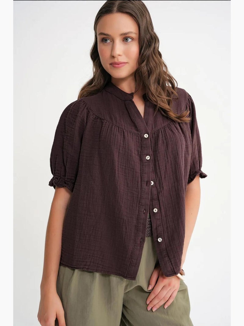 Camicia in misto lino a maniche corte con bottoni mixray Marrone scuro - Kiabi