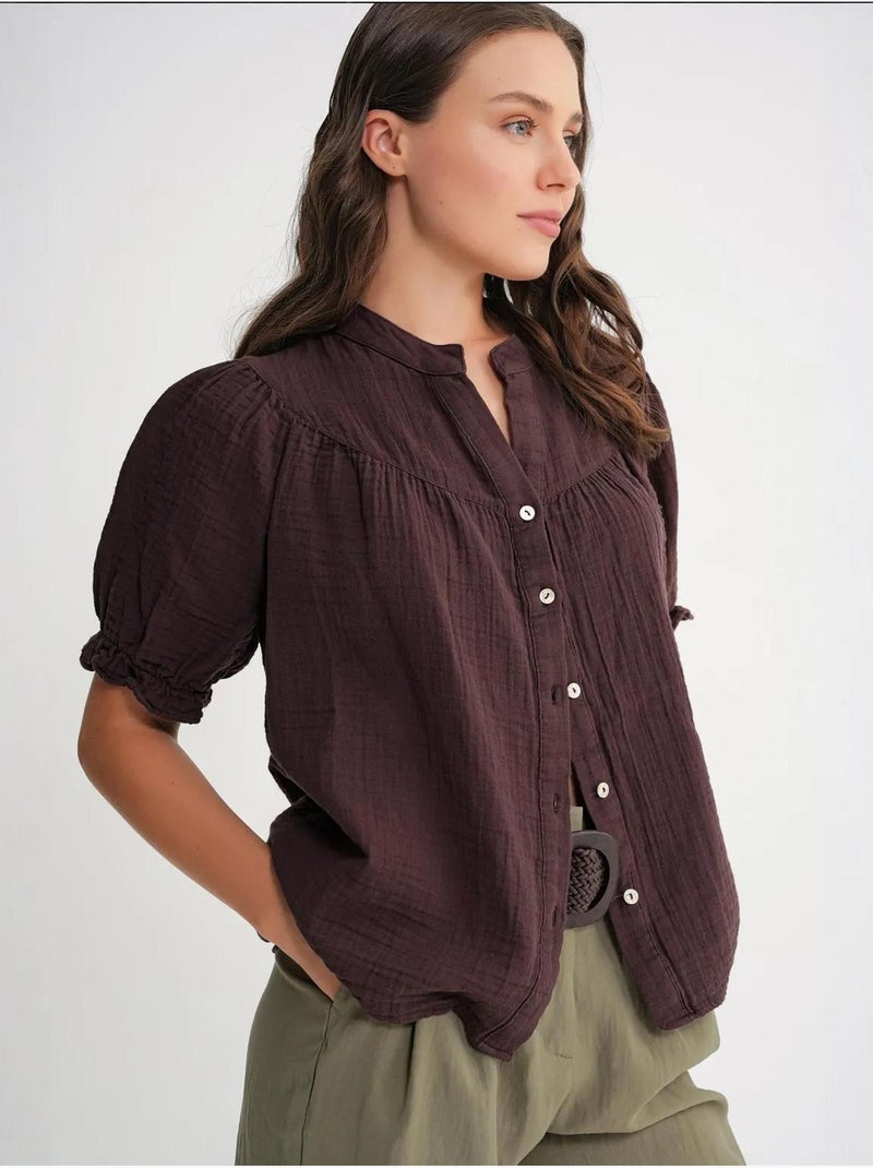 Camicia in misto lino a maniche corte con bottoni mixray Marrone scuro - Kiabi