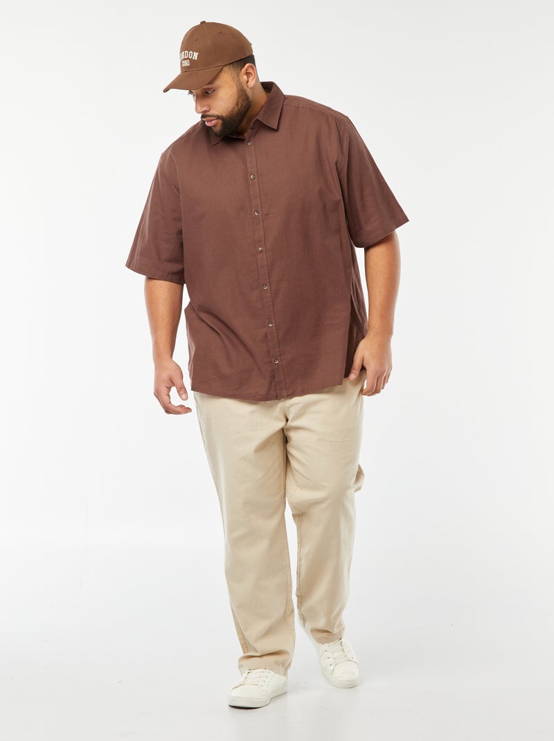 Camicia Beige a righe manica corta in lino-cotone e taschino