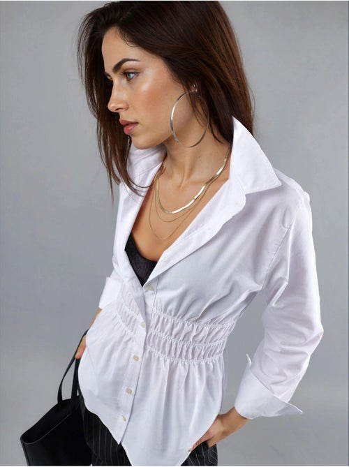 Camicia in popeline a maniche lunghe con abbottonatura e dettaglio arricciato busem - Kiabi