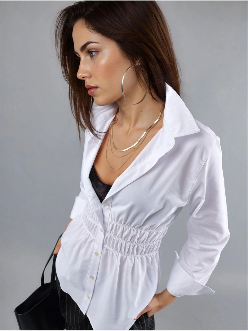Camicia in popeline a maniche lunghe con abbottonatura e dettaglio arricciato busem Bianco - Kiabi