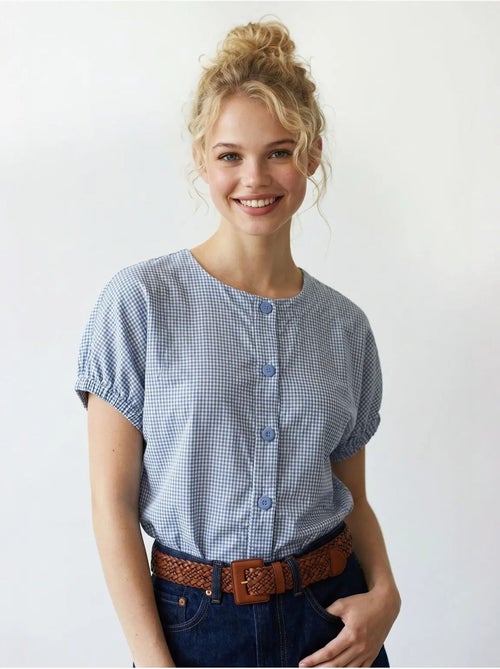 Camicia in popeline a quadretti gingham con bottoni mixray - Kiabi Camicia in popeline a quadretti gingham con bottoni mixray - Kiabi