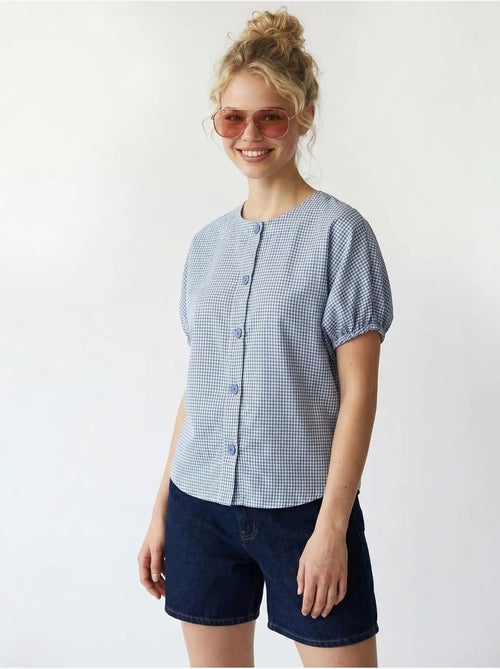 Camicia in popeline a quadretti gingham con bottoni mixray - Kiabi Camicia in popeline a quadretti gingham con bottoni mixray - Kiabi