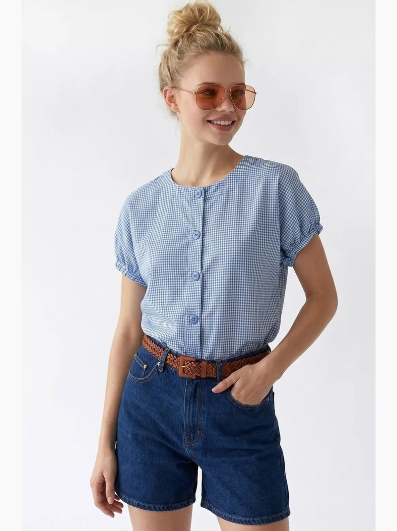 Camicia in popeline a quadretti gingham con bottoni mixray Blu cielo - Kiabi