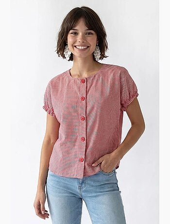 Camicia in popeline a quadretti gingham con bottoni mixray