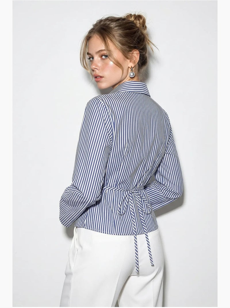 Camicia in popeline a righe aderente con dettaglio a laccio lucci Blu marino - Kiabi
