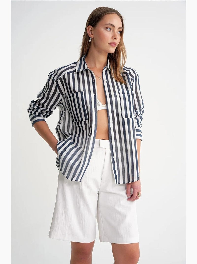 Camicia in popeline a righe con tasca mixray Blu marino - Kiabi