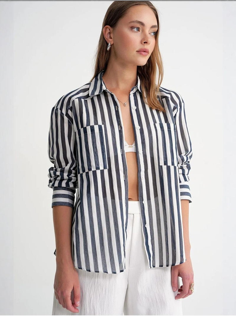Camicia in popeline a righe con tasca mixray Blu marino - Kiabi