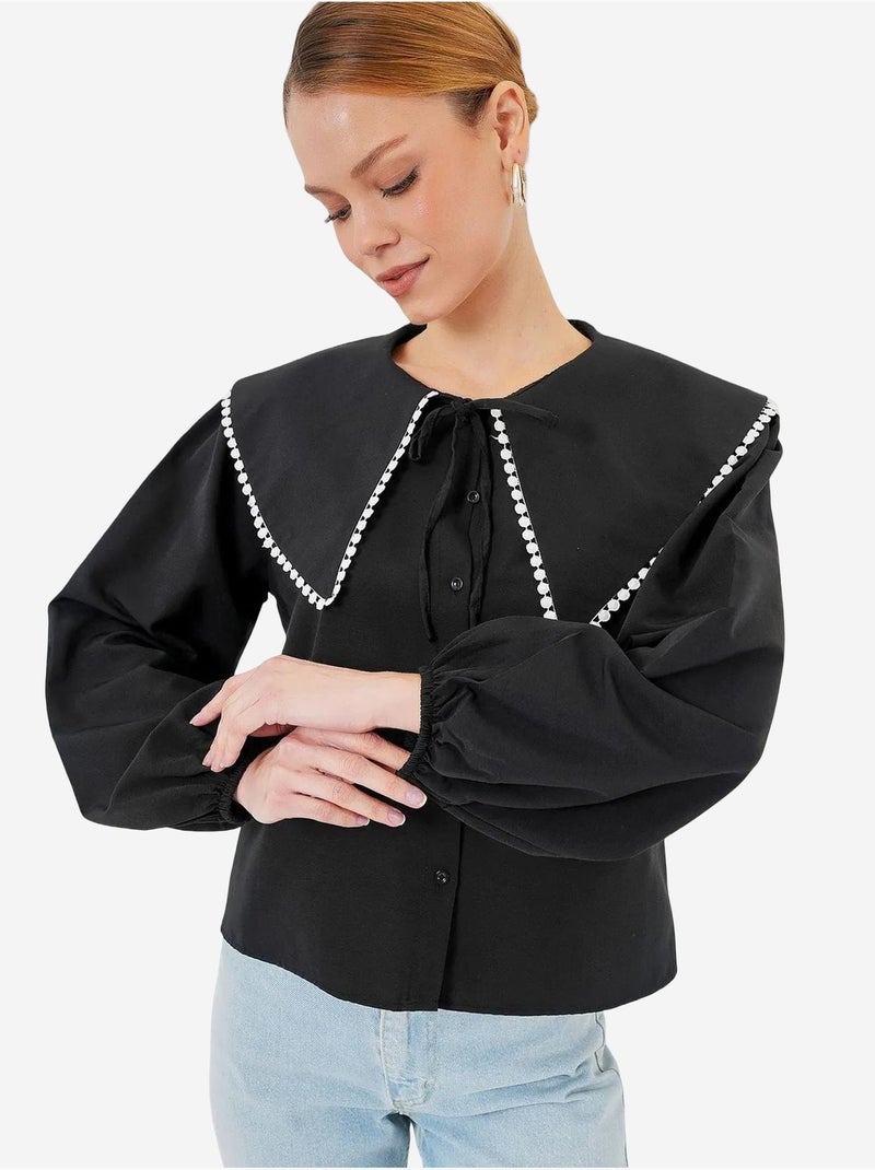 Camicia in popeline con colletto baby e fiocco bdart Nero - Kiabi