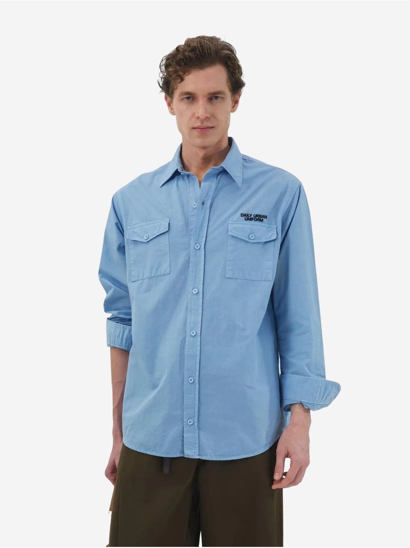 Camicia in popeline di cotone con stampa testo da uomo giesto Blu chiaro - Kiabi