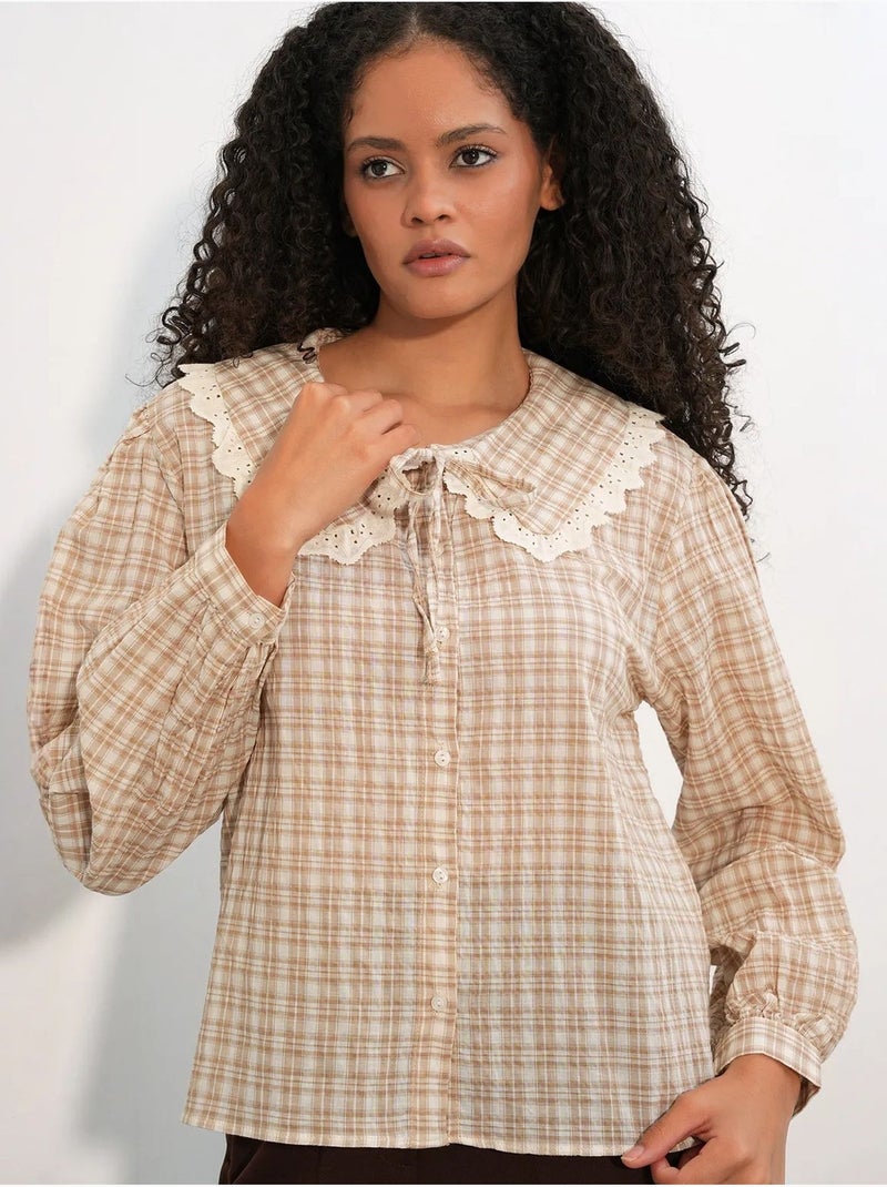 Camicia in popeline di viscosa a quadri da donna bdart Beige argilla - Kiabi