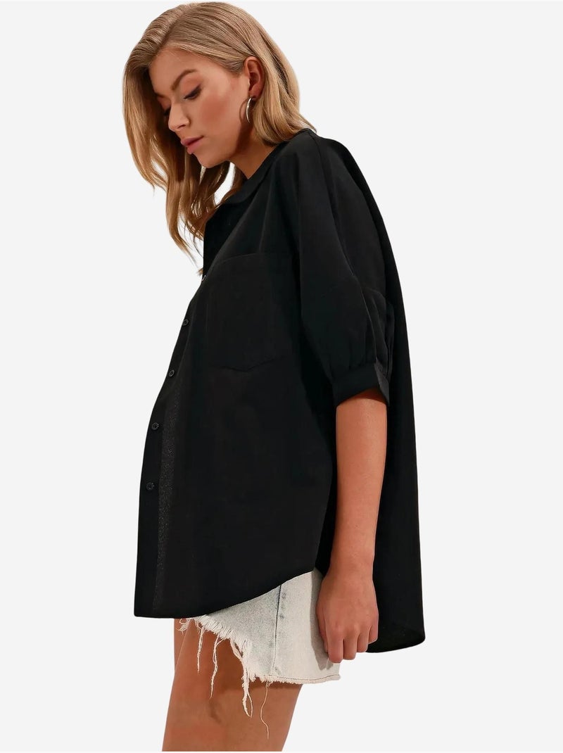 Camicia in popeline loose fit con taschino bdart Nero - Kiabi