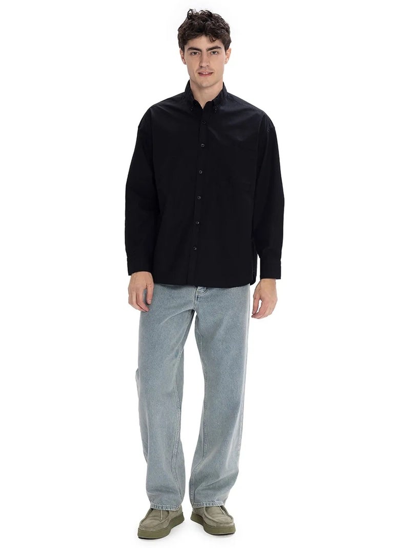 Camicia in popeline regular fit a maniche lunghe con chiusura a bottoni giesto Nero - Kiabi