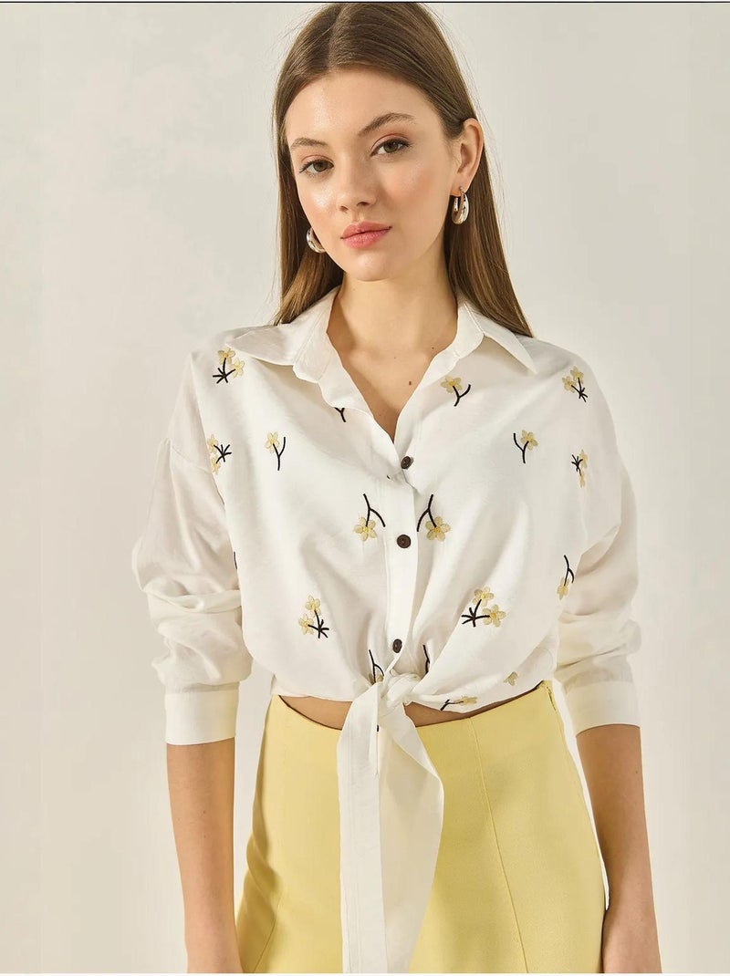 Camicia in popeline ricamata con chiusura a bottoni lucci Bianco - Kiabi