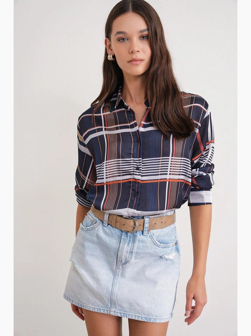 Camicia in raso a quadri con bottoni mixray Blu marino - Kiabi
