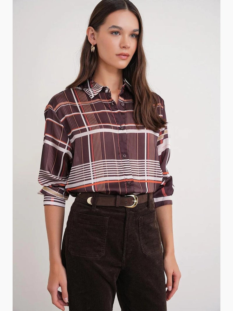 Camicia in raso a quadri con bottoni mixray Marrone chiaro - Kiabi